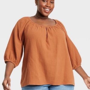 Ava & Viv rust color textured balloon sleeve shirt 2X